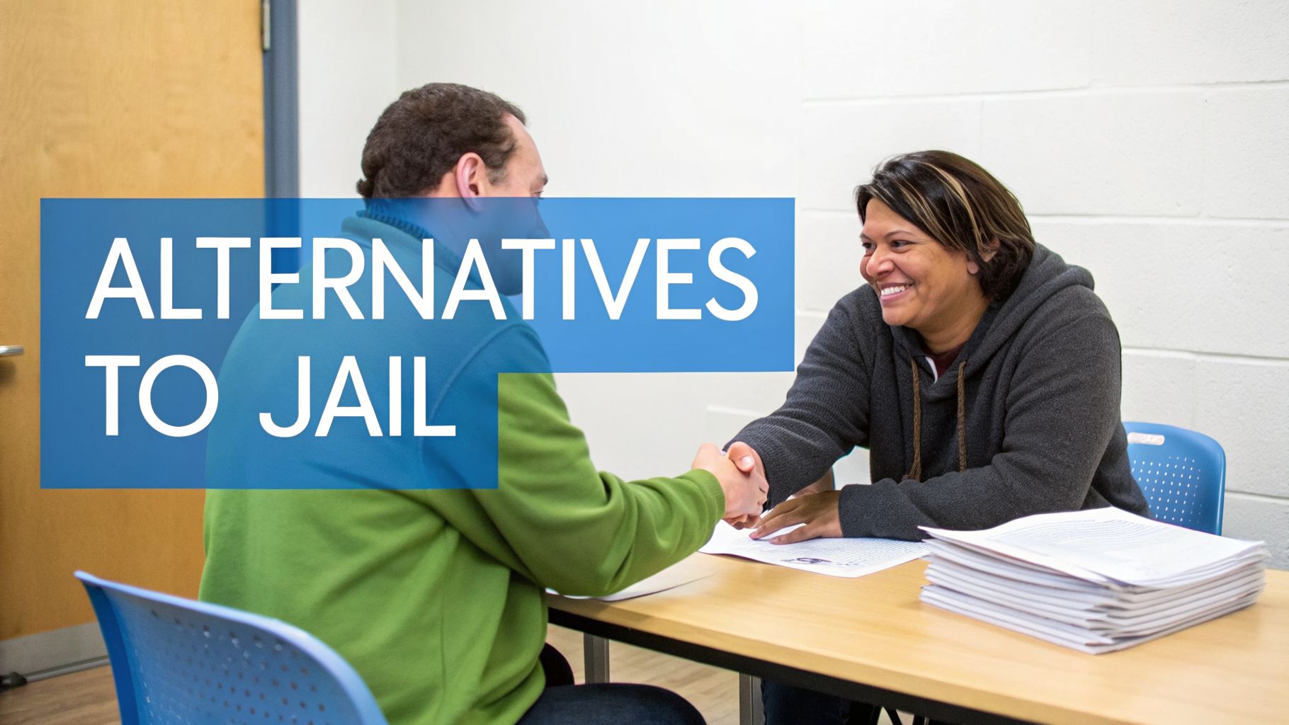 Two smiling people shake hands over a table with papers, featuring a text overlay: 'ALTERNATIVES TO JAIL'.