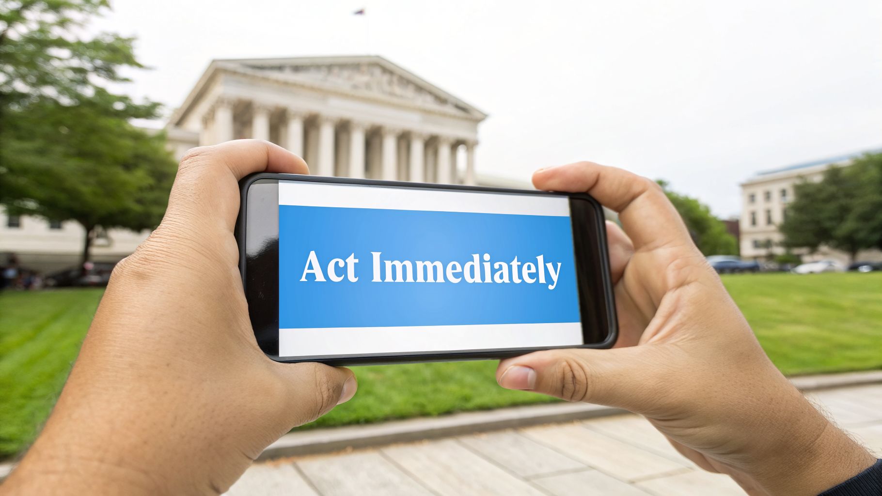 Unas manos sostienen un teléfono inteligente que muestra el mensaje "Actúe de inmediato" sobre un fondo borroso de un edificio judicial.