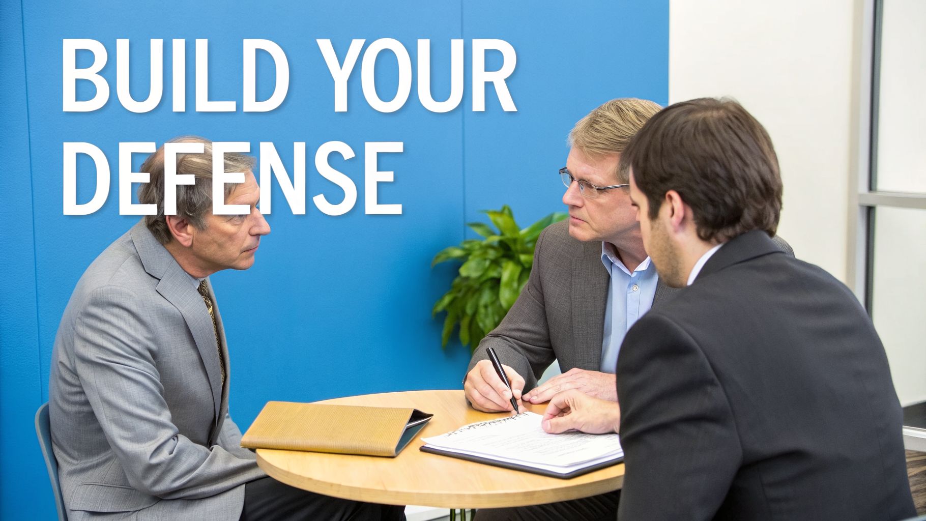 Tres hombres de traje discuten documentos legales en una mesa, con la frase "CONSTRUYE TU DEFENSA" escrita en la pared azul.