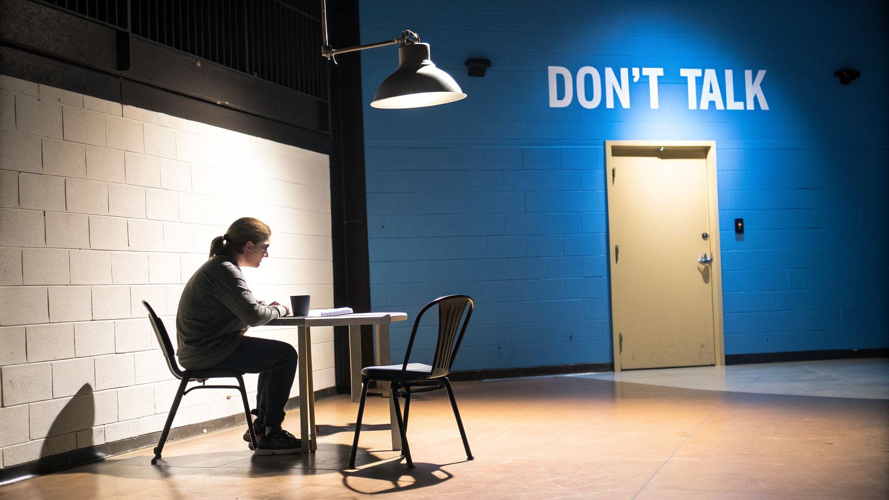 Una persona está sentada en una mesa junto a una silla vacía, con un cartel que dice "NO HABLAR" en una pared azul.