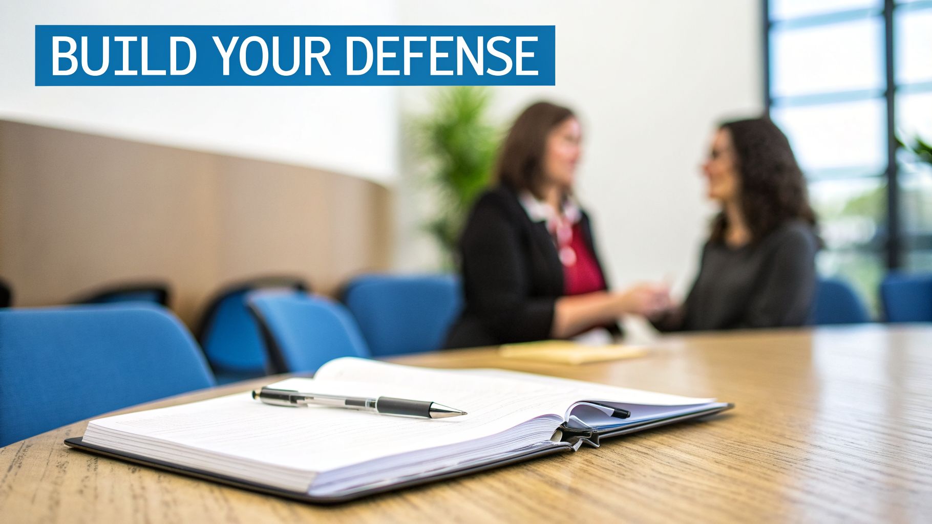 Un cuaderno y un bolígrafo sobre una mesa de madera, con dos mujeres conversando borrosas al fondo, bajo una pancarta que dice "CONSTRUYE TU DEFENSA".